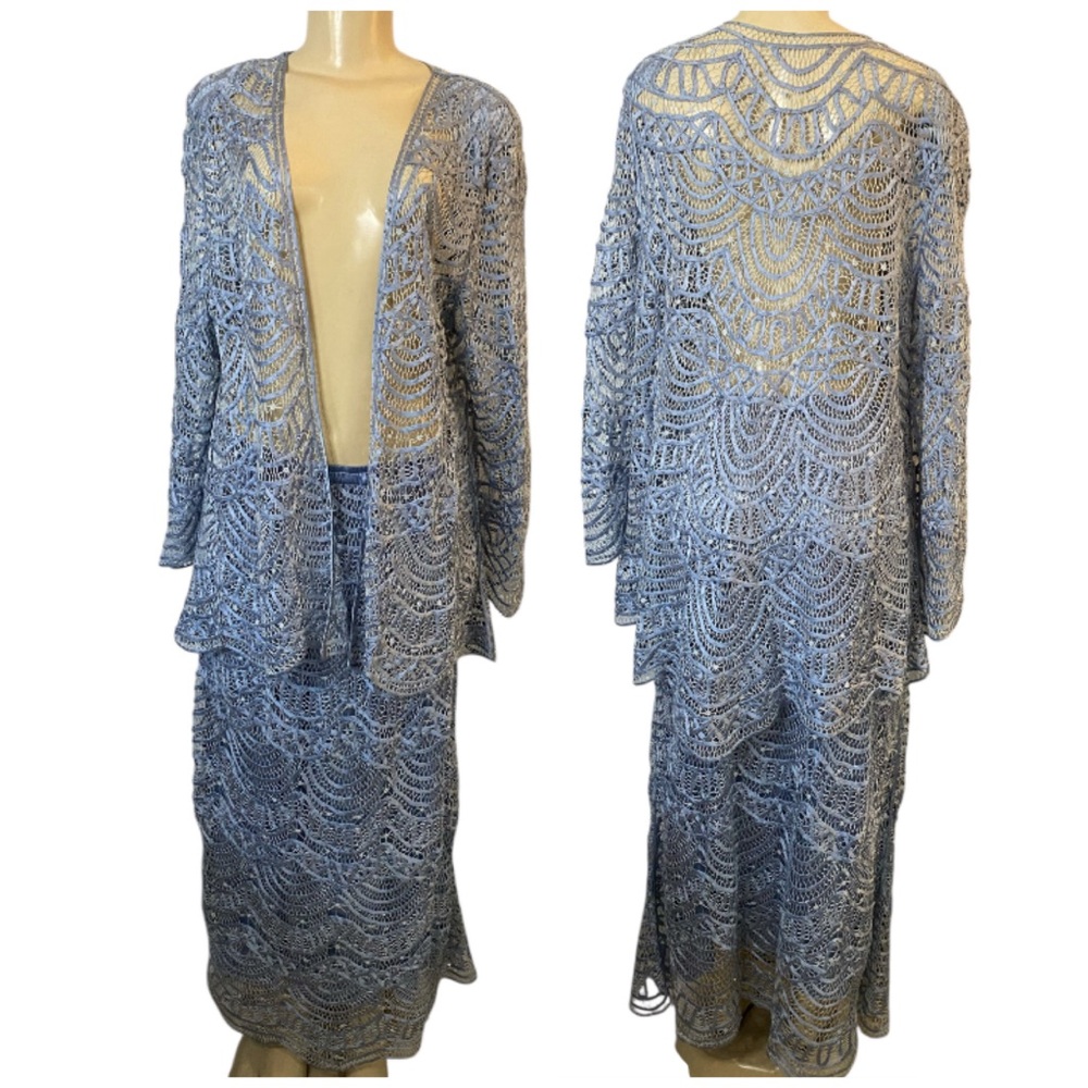 Soulmates Signature Mother of Bride Scallop Silk Blue Jacket and Skirt Set 1X